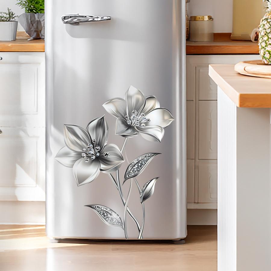 Self-adhesive Waterproof Refrigerator Stickers Silver Grey Flowers Light Luxury for Kitchen Fridge Door
