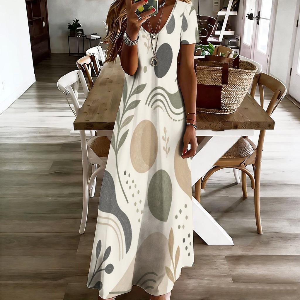 Women Plus Size V Neck Short Sleeve Printed Long Maxi Dress