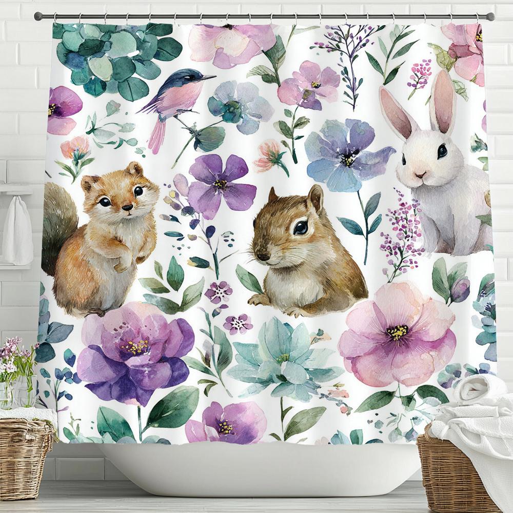 Cartoon-Duschvorhang, Niedliche Blumenkatzen-Kunstaufdruck, Dekorative Badezimmer-Duschvorhänge, Wasserdichter Duschvorhang mit Haken