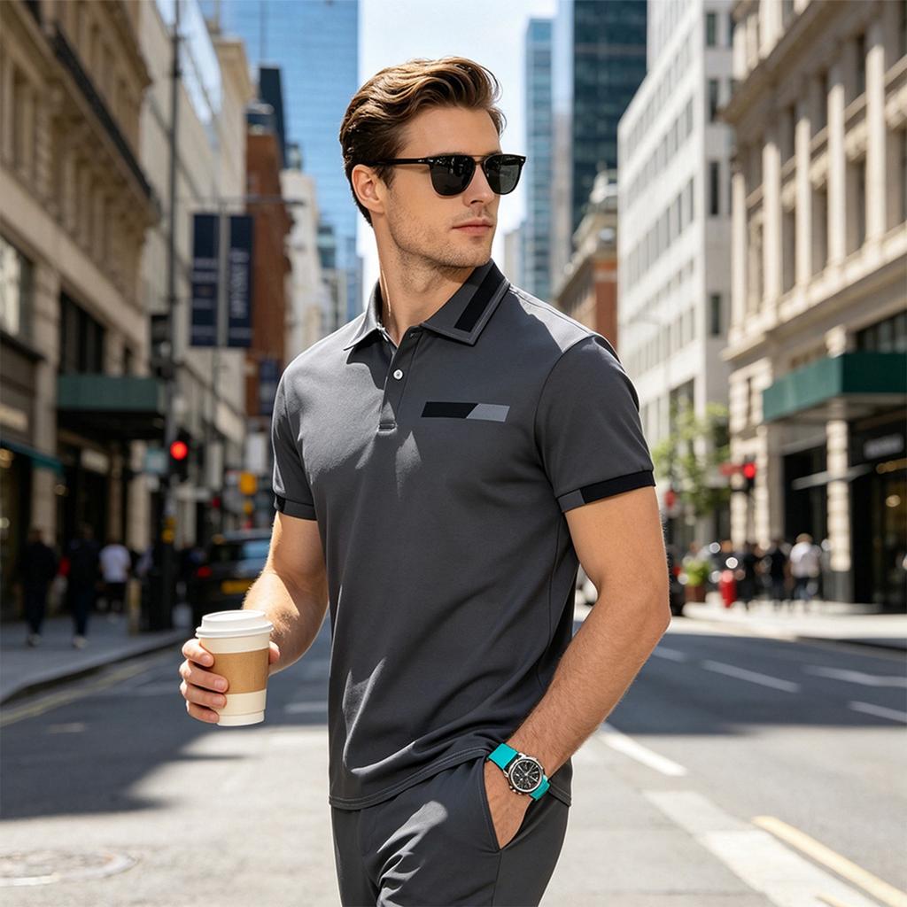 Men's Short Sleeve Polo Shirt Classic Fit Button Down Collar Pocket Design Casual Lightweight Breathable Top for Daily Wear