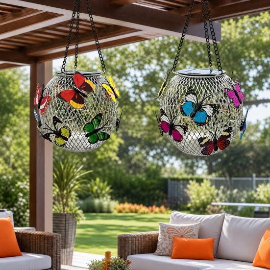 Solar-Schmetterlings-Hängeleuchte mit LED, Wasserdicht für den Außenbereich, Farbwechselnde Metall-Gartenlampe mit Kette, Solar-Garten-Hängekugel für Terrasse