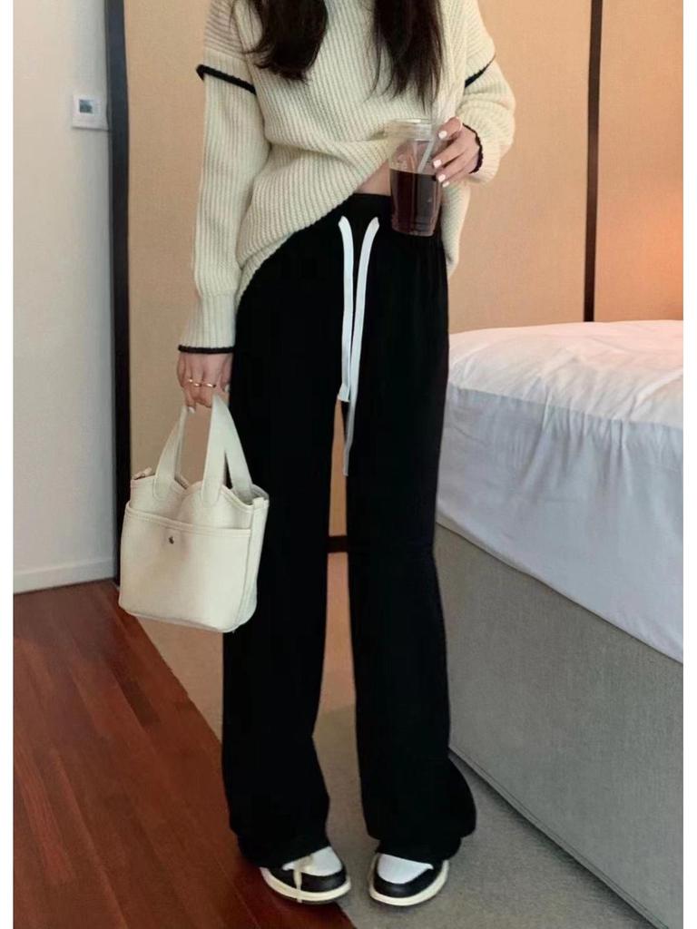 Women's Spring Style Wide-Leg Imitation Cashmere Drawstring Pants - Casual Floor-Length Hong Kong Fashion