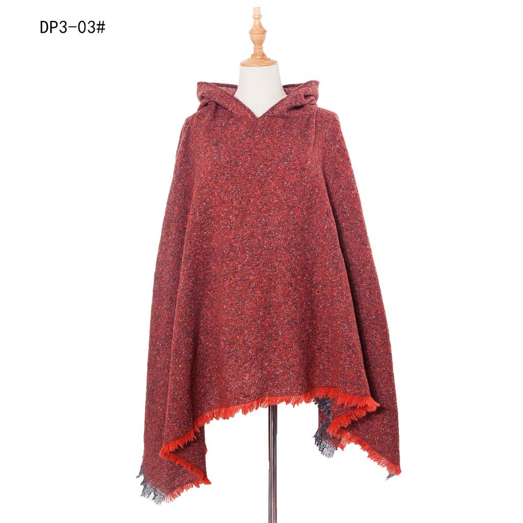European & American Women’s Black Hooded Pullover Cape with Floral Shawl Clip, Suitable for Spring, Autumn, and Winter