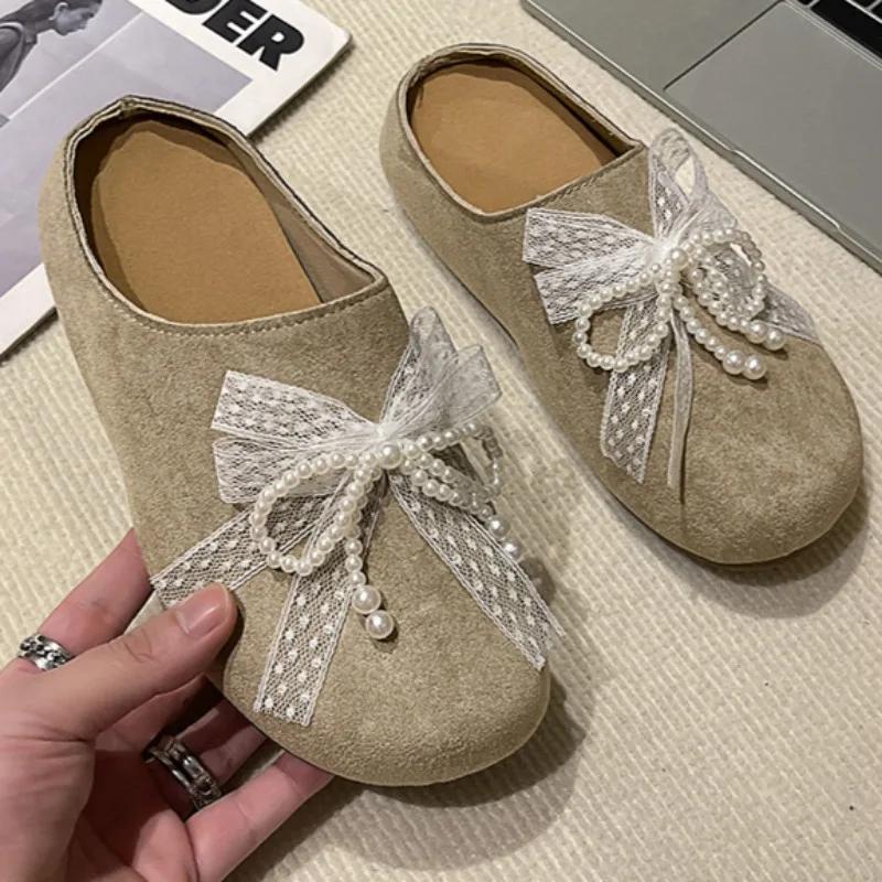 Spring Baotou Slippers for Women Round Head Deep Mouth Suede Beaded Lace Butterfly Knot Soft Soled Non-slip Flats