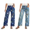 Vintage Floral Jeans for Women, Mid Rise Barrel Wide Leg Jeans, Retro Casual Stretchy Denim Pants with Pockets