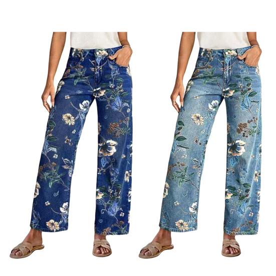 Vintage Floral Jeans for Women, Mid Rise Barrel Wide Leg Jeans, Retro Casual Stretchy Denim Pants with Pockets