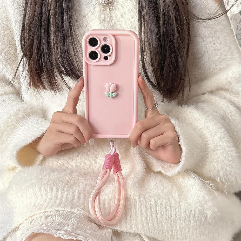 Laccetto Corda Portachiavi con Fiore di Tulipano Carino 3D Custodia per Telefono Per iPhone 17 16 15 14 13 12 11 Pro Max 16E X XS XR 7 8 Plus Copertura Morbida in Silicone
