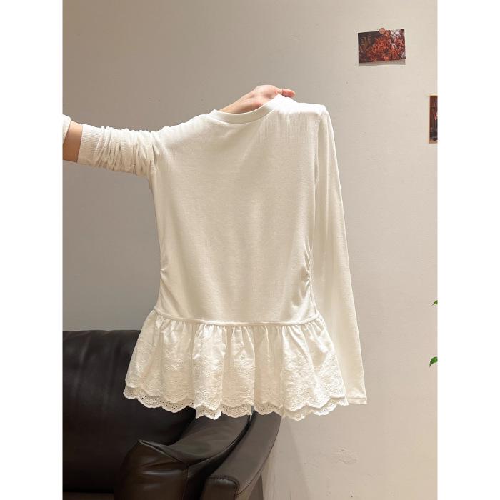 Women s White Long Sleeve Lace Hem Thermal T-Shirt S