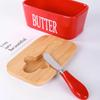 Wooden Cover Ceramic Butter Box with Spatula Knife Sealed Fresh Butter Box Multicolor Rectangular Sealed Kitchen Storage Box
