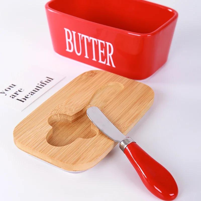 Wooden Cover Ceramic Butter Box with Spatula Knife Sealed Fresh Butter Box Multicolor Rectangular Sealed Kitchen Storage Box