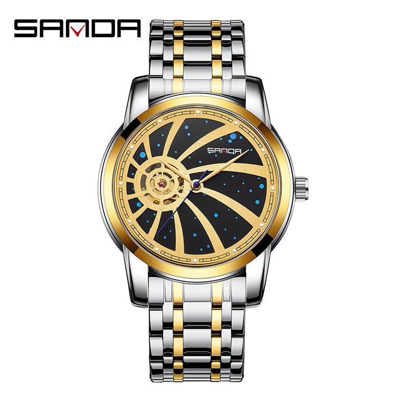 Sanda Men's Waterproof Luminous Quartz Watch - Fashionable Three-Eye Six-Hand Design with Steel Band.