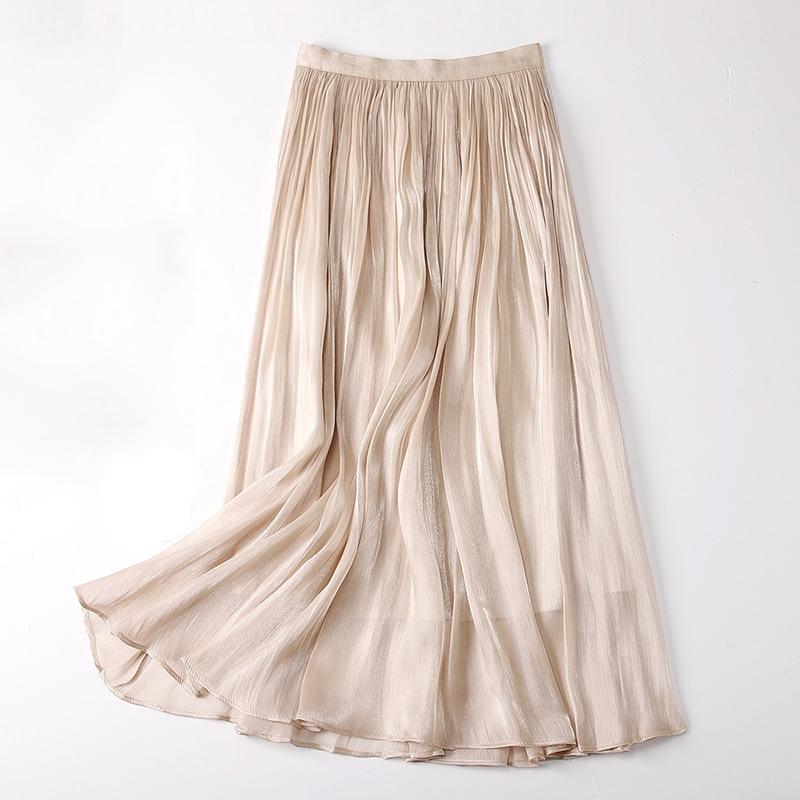 Qooth Women Gentle Solid Color Pleated Skirt Casual Elastic Waist Colorful A-line Skirt For Spring Summer QT2416