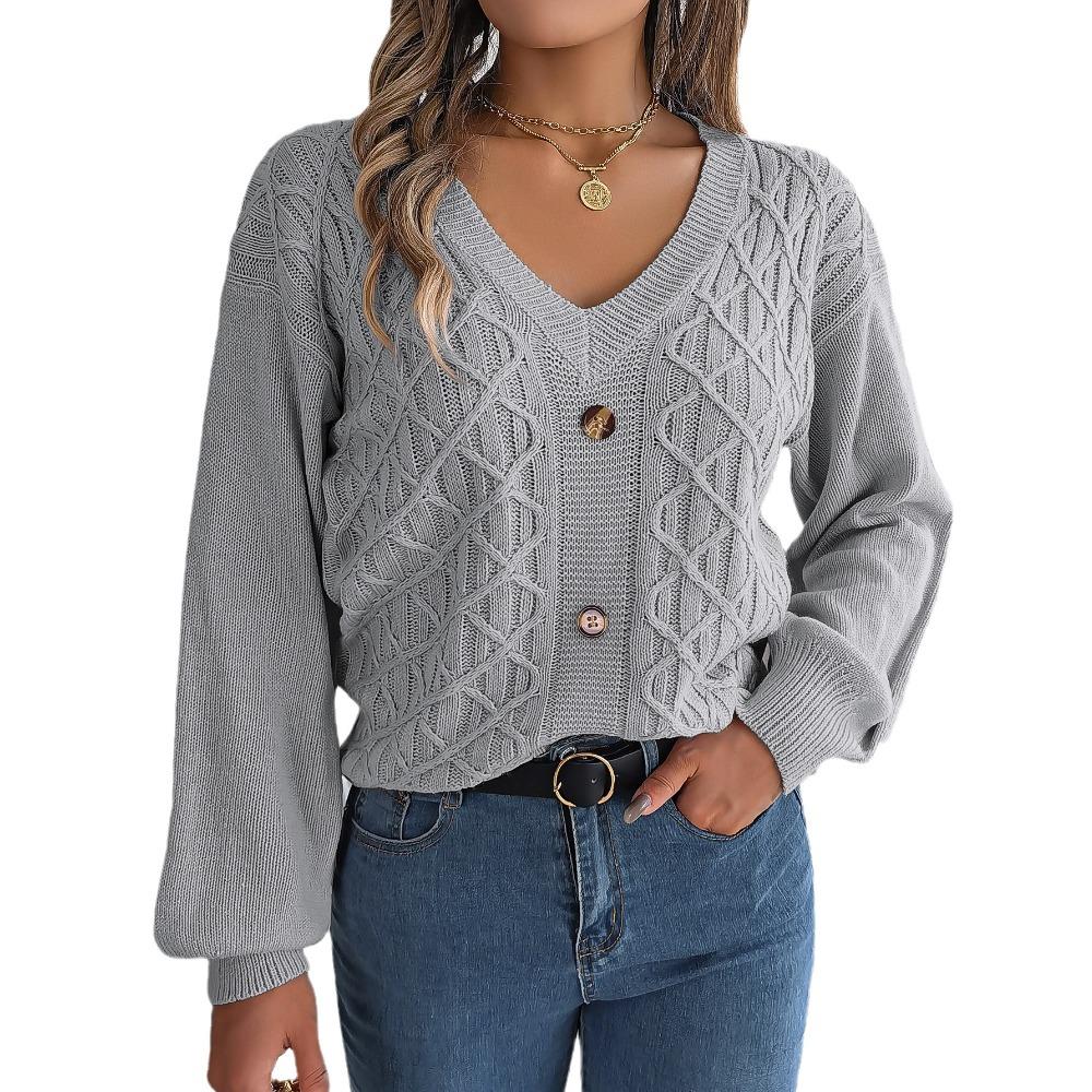 Autumn and Winter Casual Button Twist Lantern Sleeve Pullover Sweater