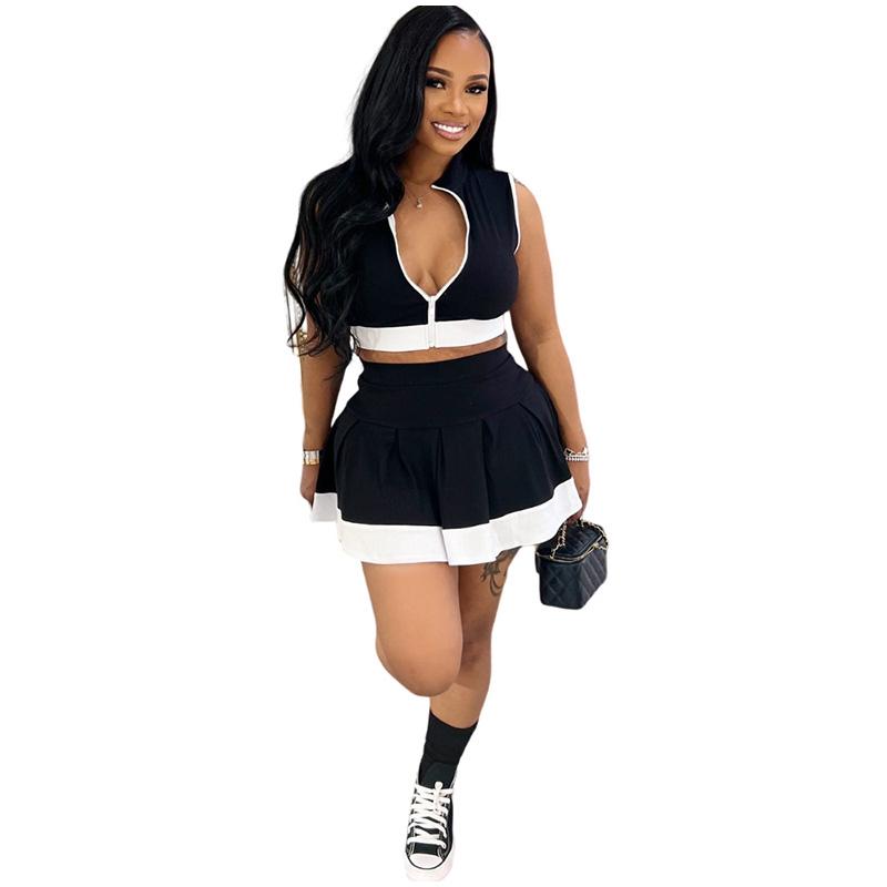 Fashion Casual Contrast Color Stitching Pleated Short Skirt Ladies Two-piece Summer Sports Stitching Ladies Suit High Street