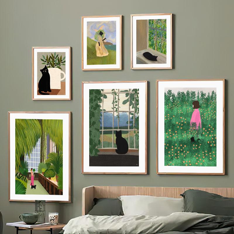 Boho Abstract Girl Garden Flowers Cat Illustration Wall Art Canvas Painting Nordic Poster And Prints Pictures Living Room Decor