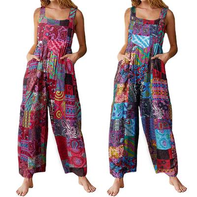 Zomer Dames Jumpsuits met bandjes Vintage bloemenprint Bib Overalls Sleeveelss Wijde pijpen Lange jumpsuit Tuinbroeken Rompertjes Speelpakje