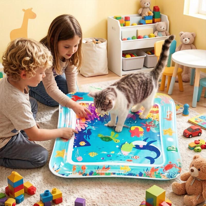Cat Water Mat Inflatable Cooling Play Pad with Interactive Fish Toy Anti-Scratch Thickened Mat for Cats Dogs Summer Indoor Floor