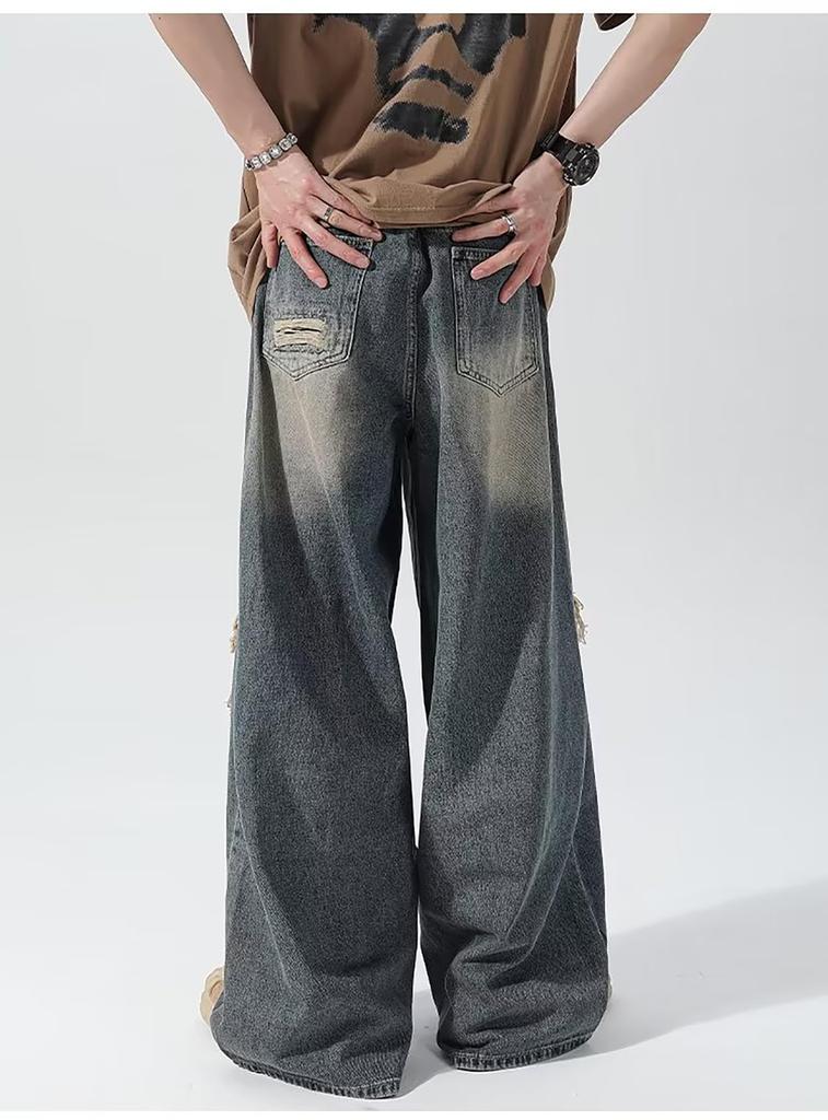 MMTYRM Men's Wide-Leg Denim Pants, Loose Fit, Stretch Goose-Eye Denim Pants, Stylish Jeans with Distressed Finish, Available in Plus Sizes, Blue, XL