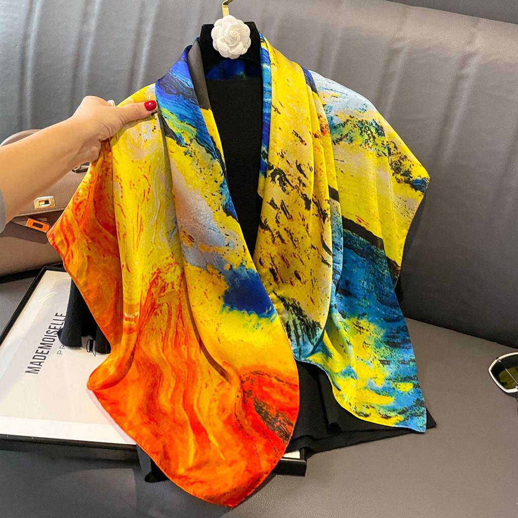 Women's Retro Fashion Mulberry Silk Feel Square Scarf - Summer Faux Satin, Sun Protection, 90cm