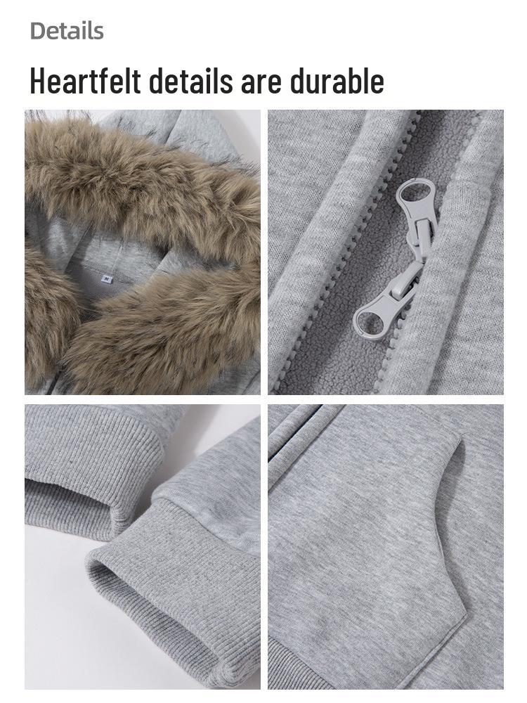 2025 Women's Gray Fur Collar Short Slim Sweatshirt - Petite Korean Style Autumn/Winter Outerwear