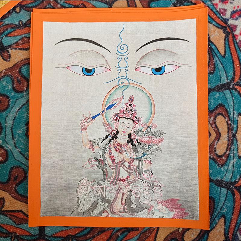 Hand-Painted Nepalese Buddha Thangka: Manjushri, Yellow Jambhala, Thousand-Armed Avalokiteshvara, Mahakala, Zhakilaamu Wall Hanging