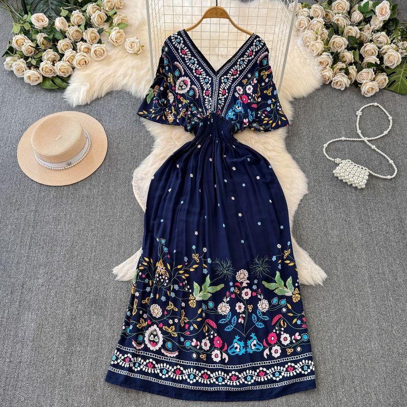 

Summer Batwing Sleeve V Neck A- line Slimming Fairy Dress Sapphire blue bottom Print One size