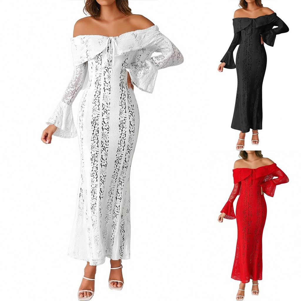 Elegant Off Shoulder Lace Maxi Dress Women Long Sleeve Evening Party Dresses For Date Nights