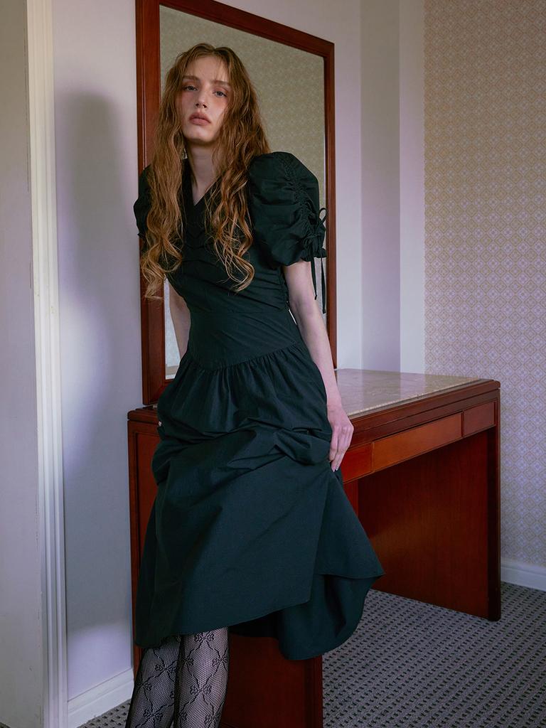 ETMON Front Tuck Shirring Dress, Black