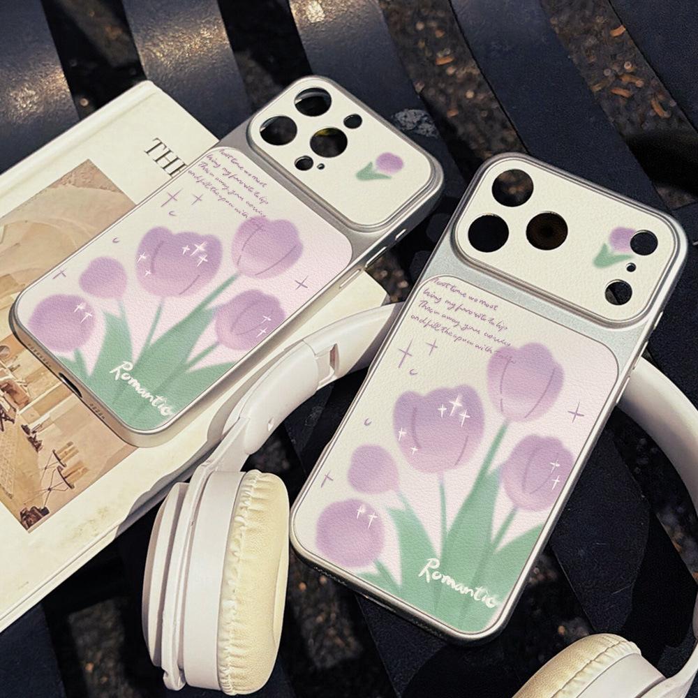 Ins Purple Tulip Is Suitable for Apple 17 Mobile Phone Case iPhone15promax All-inclusive 16Pro Leather Pattern Anti-drop.