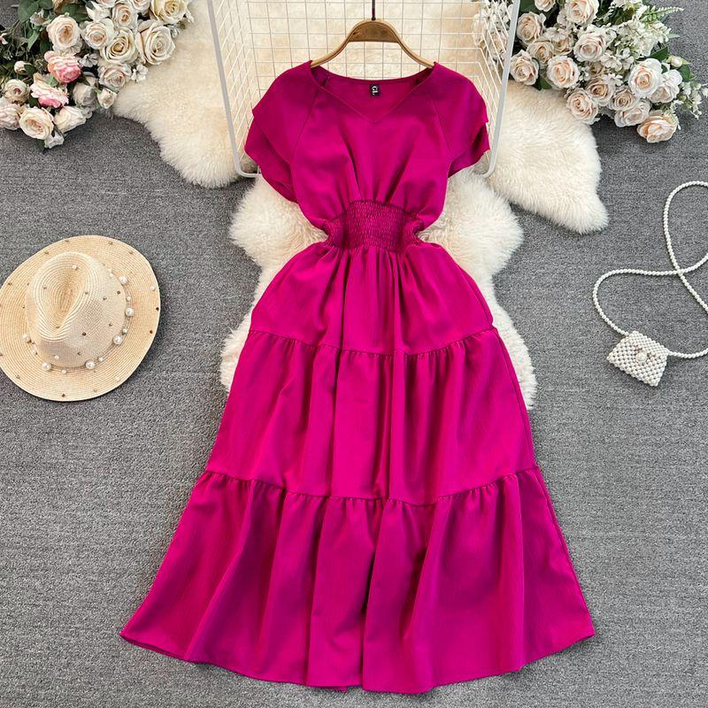 

Летнее минималистичное платье с оборками и рукавами-фонариками, с драпировкой, французское, женское, однотонное Rose Red All yards