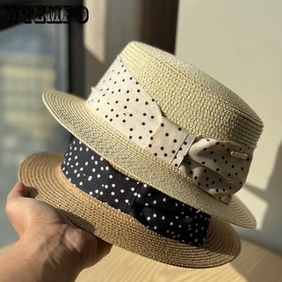 Retro French Polka Dot Top Hat Women's Spring and Summer Sunshade Sunscreen Hat Travel Vacation Straw Hat