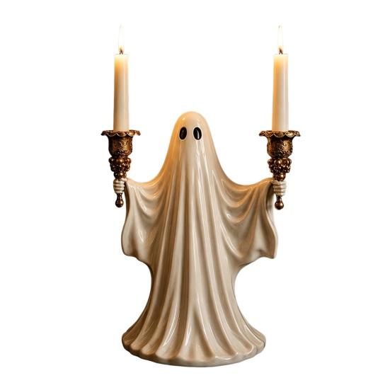 Cute Ghost Figurine Candle Holder for Halloween, Resin Tealight Candlestick, Taper Halloween Decoration Home Table Decor & Spooky Atmosphere Accessory