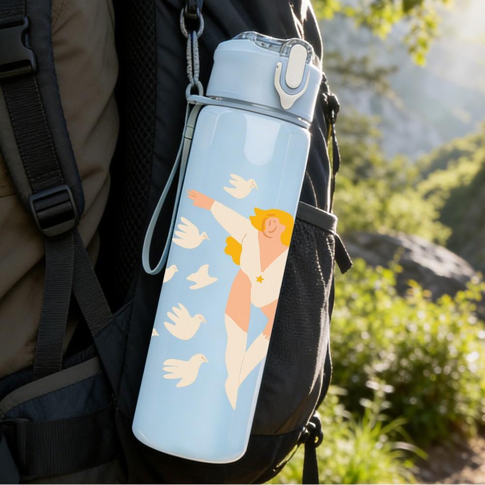 1PC Angel Wings Figure Nude Art 750ml Color Plastic Sports Water Bottle Leakproof Flip Straw Lid Suitable for Sports Office Home Use