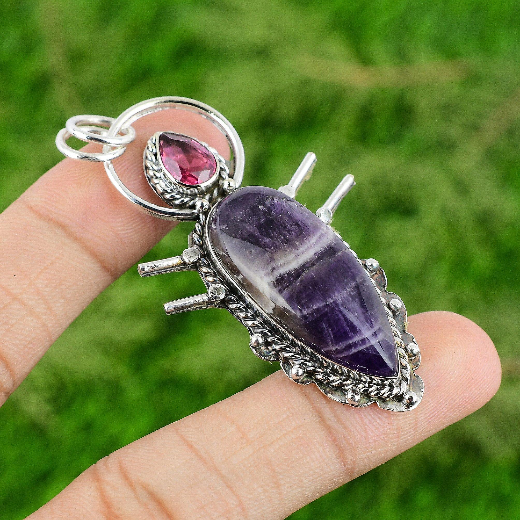 

925 Sterling Silver Chevron Amethyst Stone Pink Tourmaline Bezel Pendant Jewelry