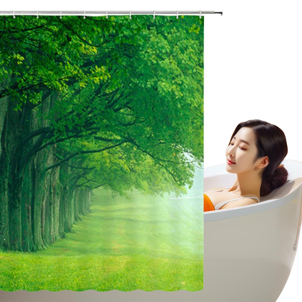Green Forest Shower Curtain with Hooks 3D Scenery Shower Curtain Waterproof Garden Shower Curtain for Bathroom