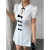 European summer bow decoration elegant short sleeve POLO neck bubble sleeve short dress women