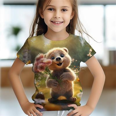 Simpatica Maglietta con Stampa 3D di Orsetto per Ragazze Magliette da Ragazza con Cartone Animato di Animali Carini Maglietta Regalo per Bambini Top Casual a Maniche Corte Abbigliamento per Bambini