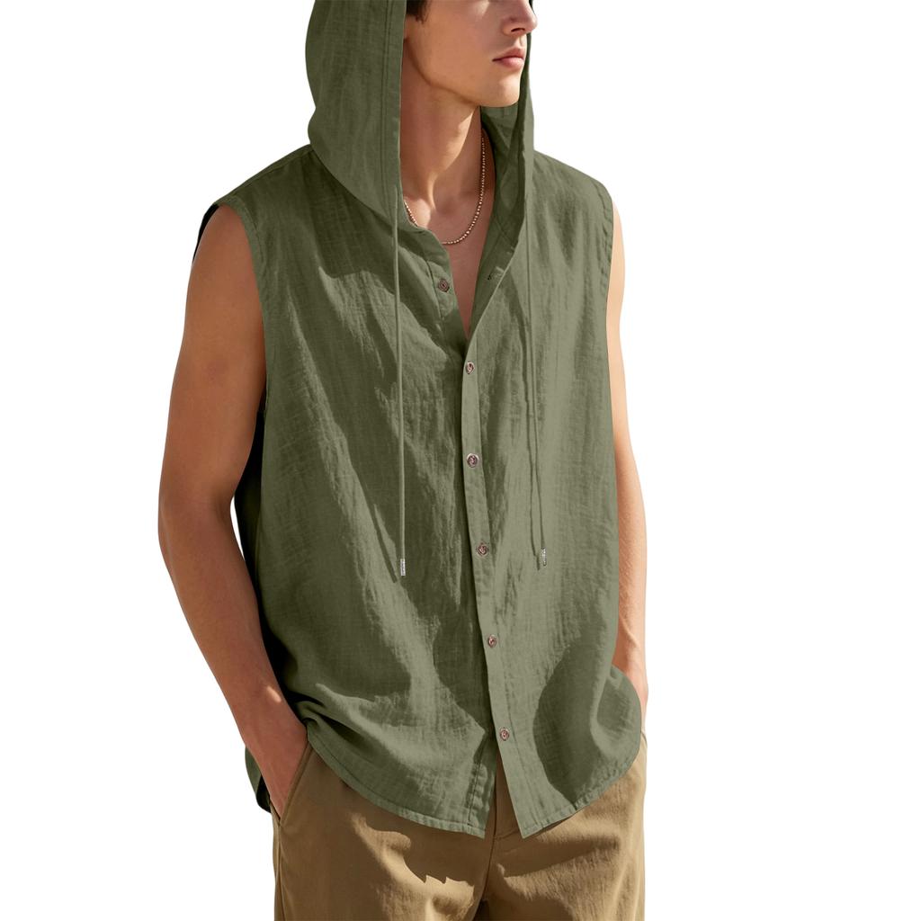 Mens Sleeveless Linen Hooded Shirt Button Down Breathable Relaxed Fit Casual Vest Top Lightweight Summer Apparel