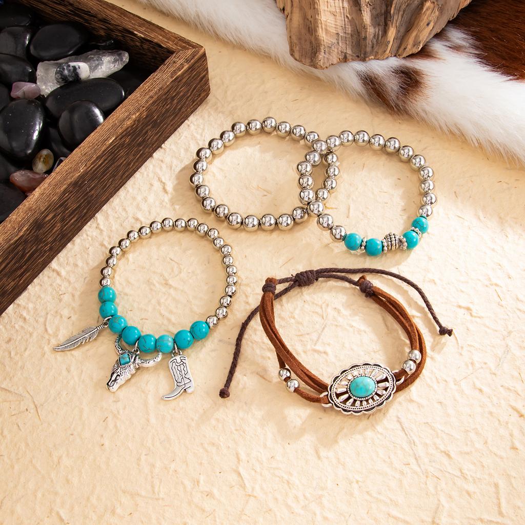 Retro Ethnic Style Bull Head Pendant Bracelet Set, Bohemian Flower Plate Turquoise Beaded Jewelry.