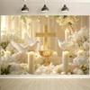 Stylish 2D Religious Photographic Background with White Dove, Golden Cross and Sail, Ideal for Weddings.