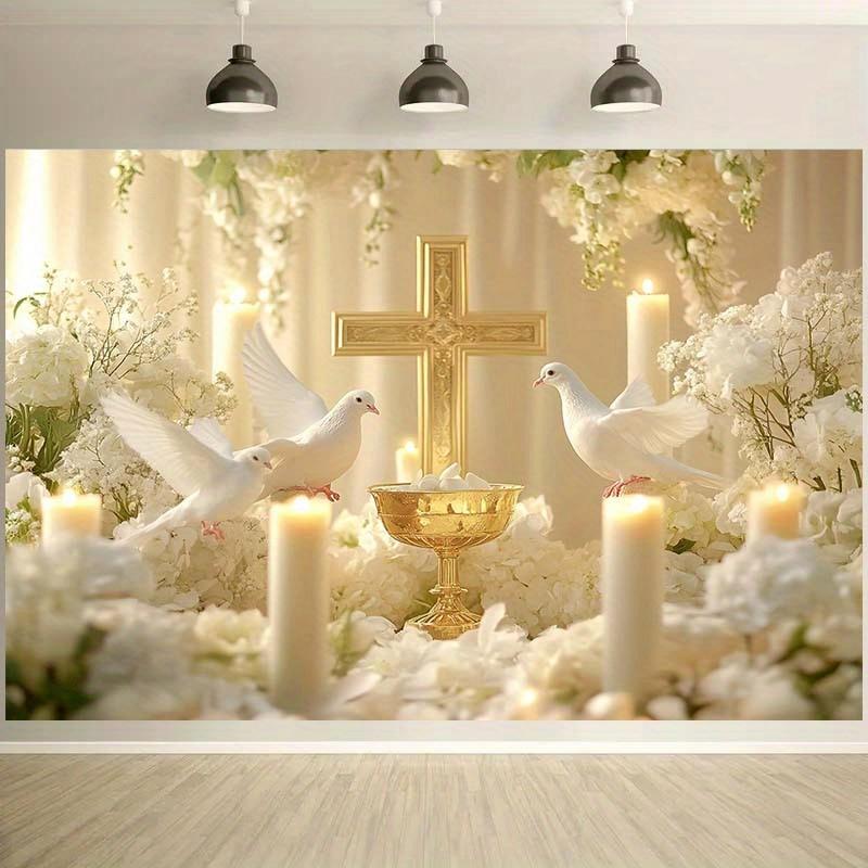 Stylish 2D Religious Photographic Background with White Dove, Golden Cross and Sail, Ideal for Weddings.