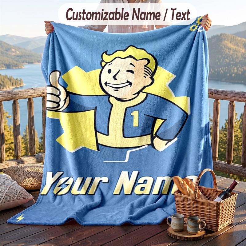 Custom Text Flannel Throw Blanket, Lightweight Cozy Bed Sofa BlanketFallout Vault Boy