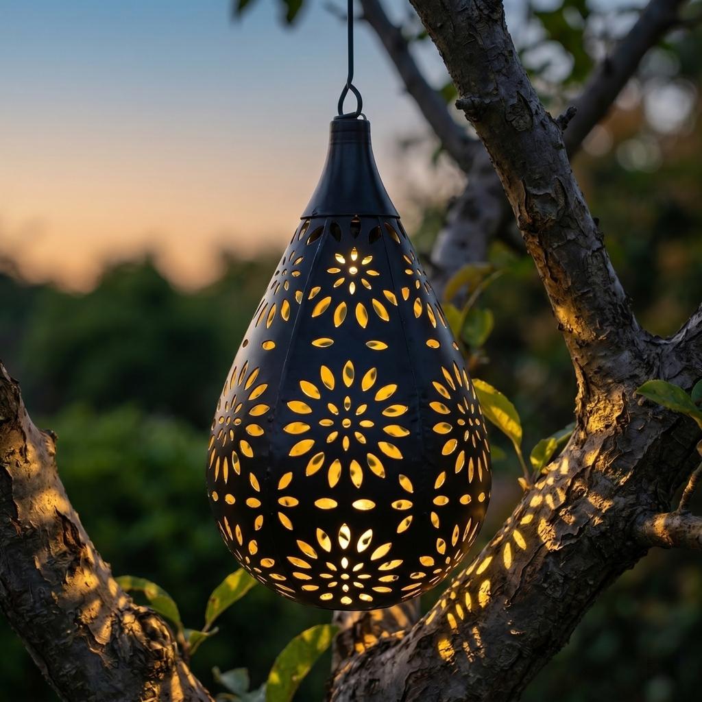 Outdoor Hanging Solar Garden Light Metal Lantern with Cutout Pattern for Patio Yard Lawn Decorative Ambient Lighting