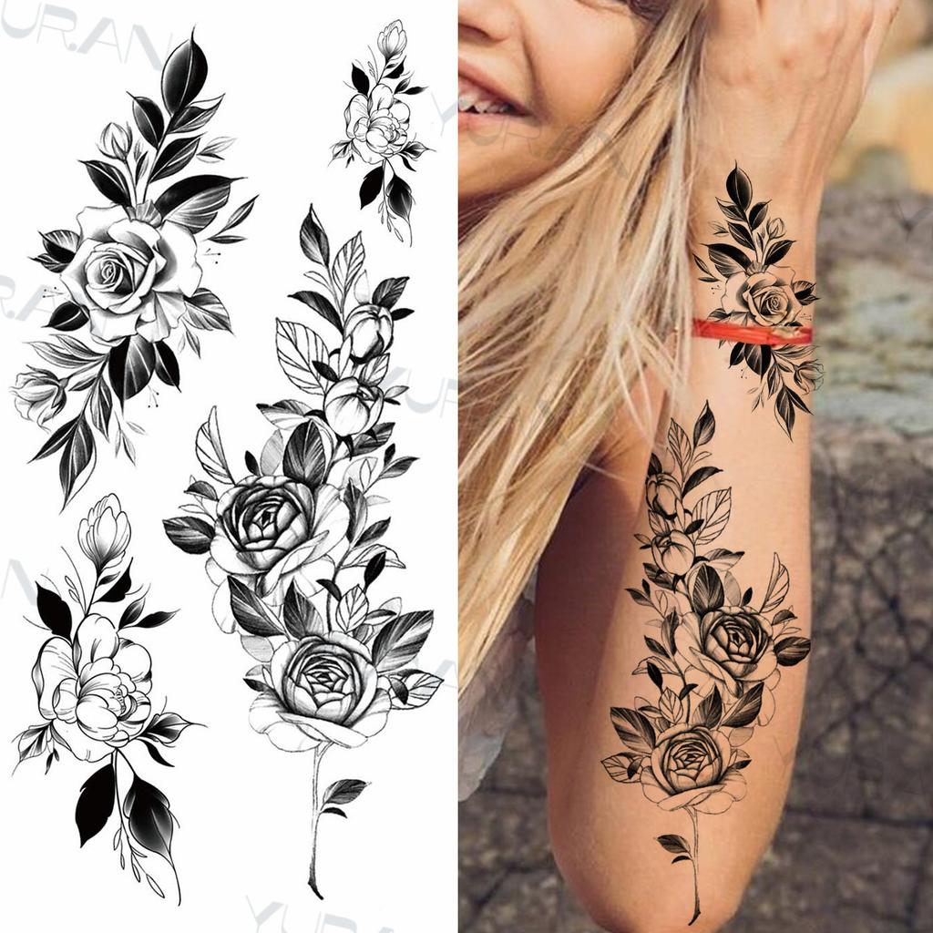 Zwarte Grote Slang Bloem Fake Tattoo Sticker Voor Vrouwen Dot Rose Pioen Tijdelijke Tattoos DIY Water Transfer Tatoos Meisjes