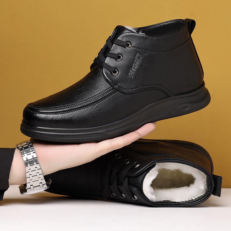 2025 Men's High-Top Leather Business Formal Casual Warm Cotton Shoes for Autumn/Winter