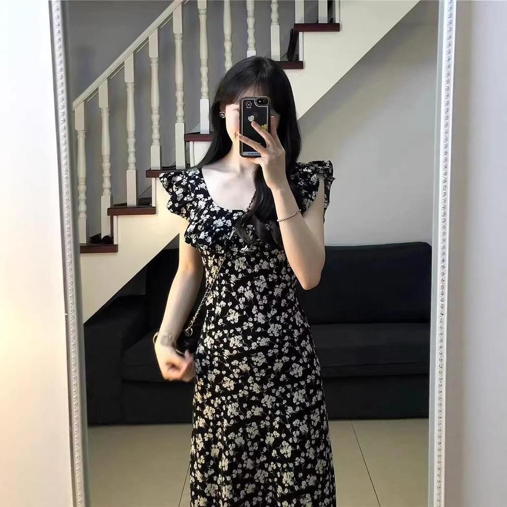 Black Floral Print Puff Sleeve Midi Dress for Women - Summer 2026, Waist-Cinched Slimming Style with Printed Roses