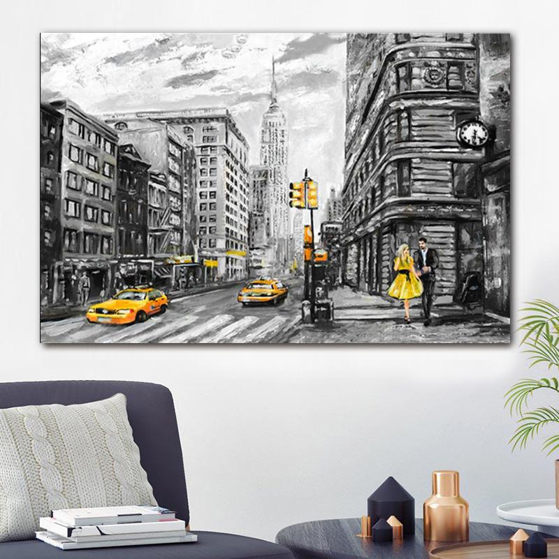 Solid Wood Frame Rain City Street Scenery Paris Canvas Painting Landscape Red Tree Yellow Car Pictures For Living Room Wall Art Decor