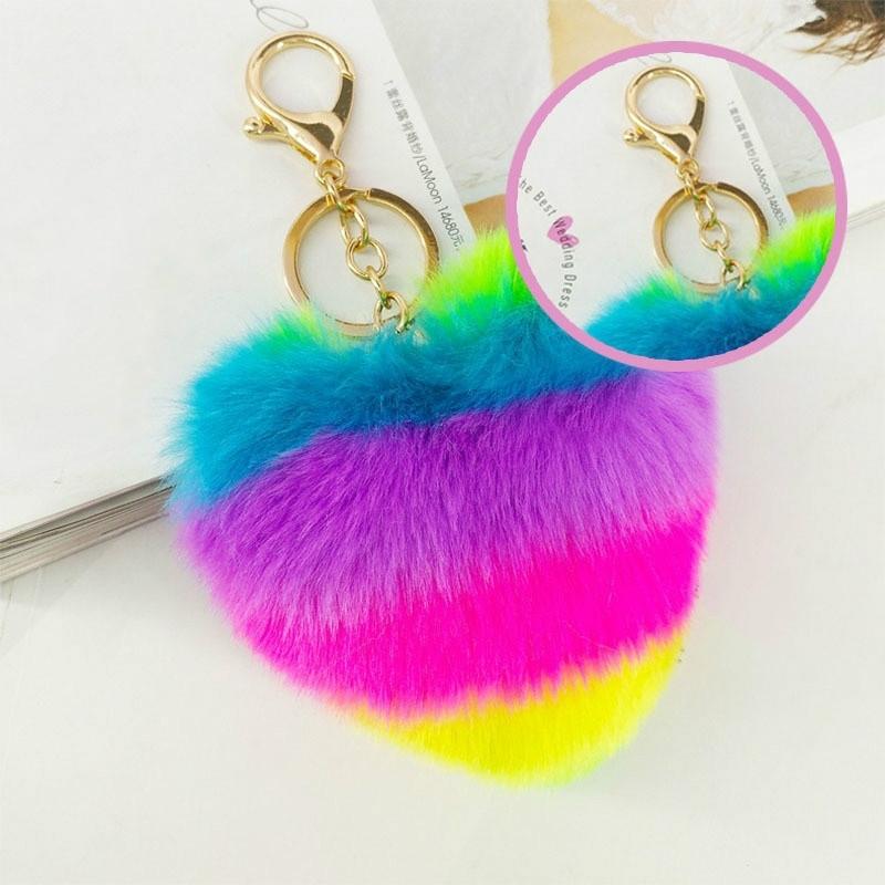 15x10cm Multi-Color Heart Fur Keychain Fluffy Faux Rabbit   Key Chain Keyring Car Bag Pendant for Women Fashion Gifts