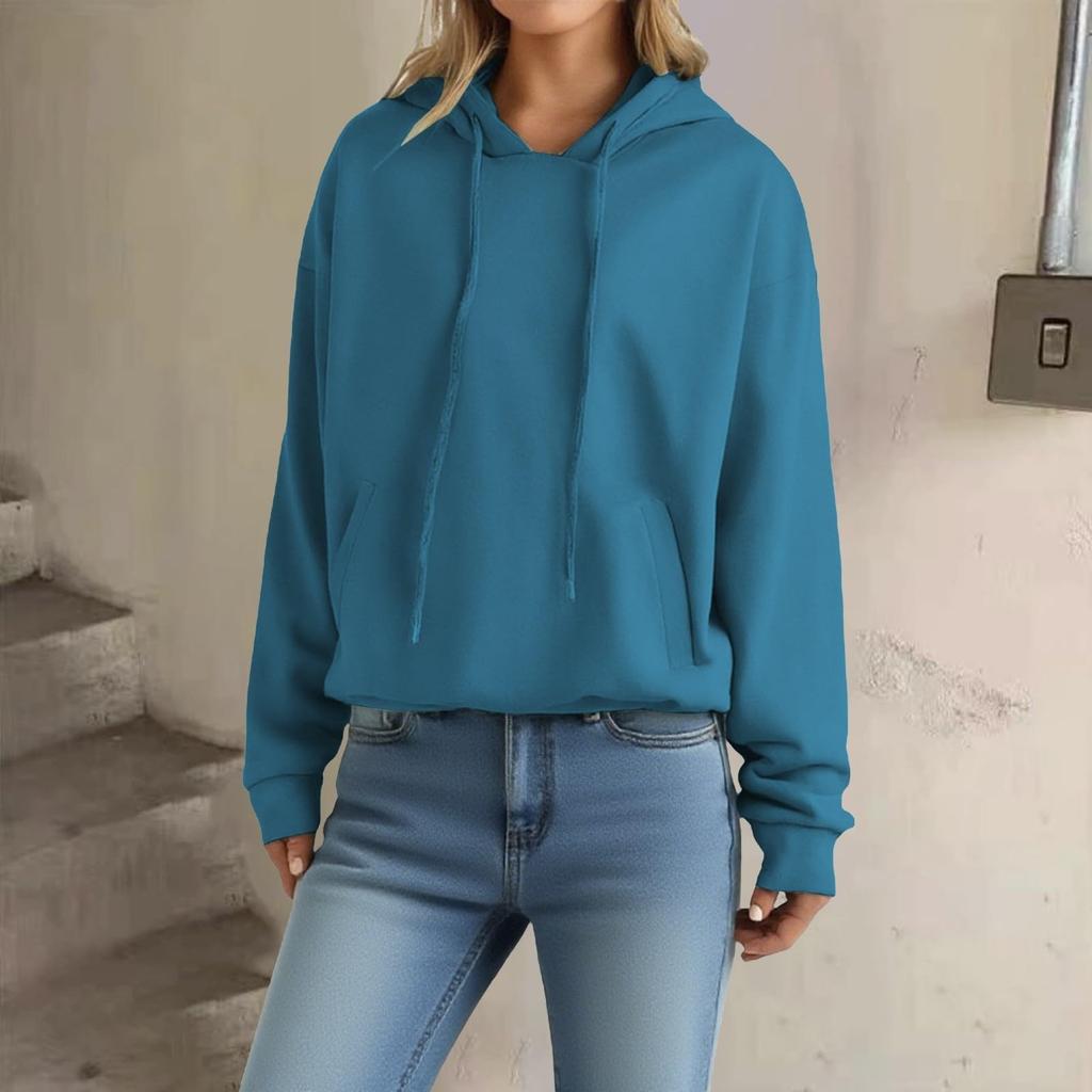 Women's Loose Long Sleeved Pullover With Drawstring And Pocket Hooded Solid Color Hoodie