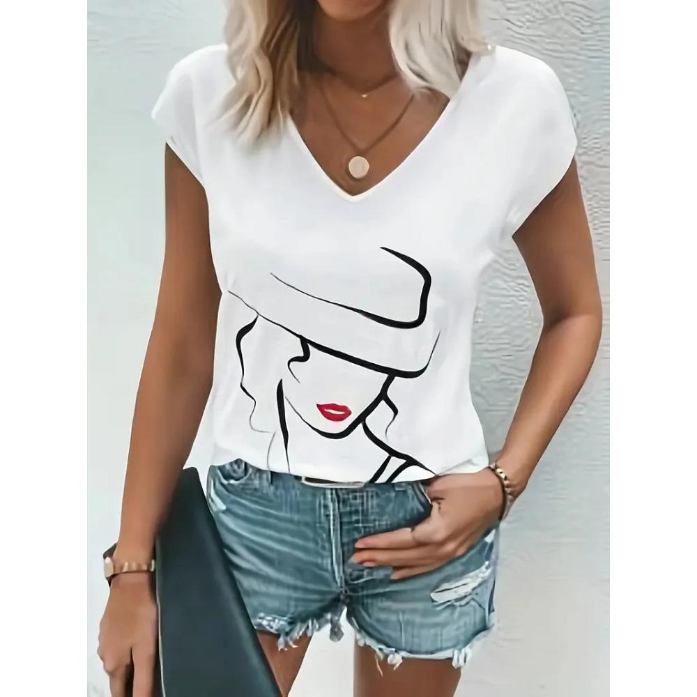Summer Women's T-shirt Cat Pattern Printing V-neck Short-sleeved Loose Oversized Clothes